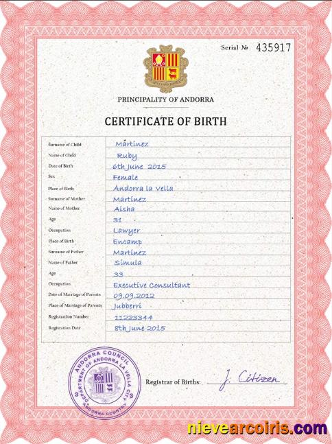Andorra vital record birth certificate